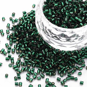 Glass Bugle Beads, Silver Lined, Dark Green, 1.8~2.2x1.8~2mm, Hole: 0.8~0.9mm, about 15000pcs/pound