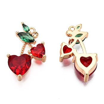Brass Dark Red & Green Cubic Zirconia Pendants, Nickel Free, Cherry, Real 18K Gold Plated, 16.5x10x4mm, Hole: 0.9mm