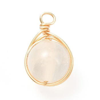 Natural Selenite Pendants, Eco-Friendly Copper Wire, Real 18K Gold Plated, Round, 24x15x12mm, Hole: 3.2mm