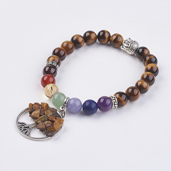 Chakra Jewelry Natural Gemstone Beads and Tiger Eye Charm Bracelet, with Tibetan Style Beads, Flat Round with Tree of Life, 2 inch(50mm)