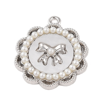 Rack Plating Alloy with Acrylic Pendants, with ABS Imitation Pearl Beads, Flower with Bowknot, Seashell Color, 25.5x22x3.5mm, Hole: 2mm