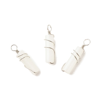 Natural White Jade Pendants, with Platinum Plated Eco-Friendly Brass Wire Wrapped, Column, 19.5~20x5~5.5mm, Hole: 2.4~2.7mm