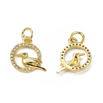 Brass Micro Pave Cubic Zirconia Bird Charms, with Jump Ring, Ring & Toucan Charm, Golden, 13x12x2mm, Hole: 3mm