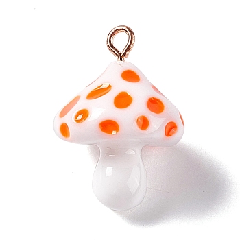 Opaque Resin Pendants, 3D Mushroom Charms, with Light Gold Tone Iron Loops, Dark Orange, 24.5~25.5x18mm, Hole: 2mm
