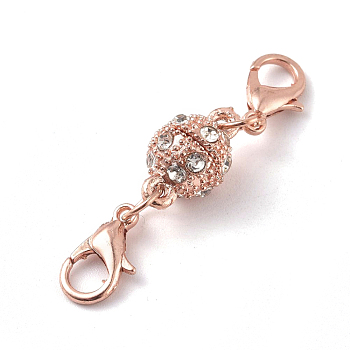 Alloy Rhinestone Magnetic Clasps, with Lobster Claw Clasps, Rose Gold, 41mm, Lobster Clasp: 12x7x3mm, Magnetic Clasp: 15x8.5mm