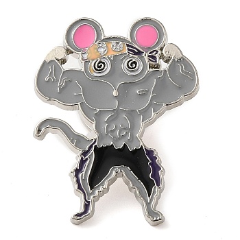 Fitness Mouse Alloy Enamel Pins Brooches, Gray, Muscle Mice, 32x24mm