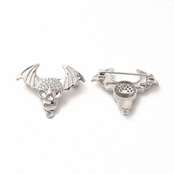Clear Cubic Zirconia Skull with Wing Brooch Pin, Brass Badge for Backpack Clothes, Platinum, 28x22.5x8mm, Hole: 1.2mm