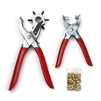 45# Carbon Steel Hole Punch Plier Sets, Pliers and Iron Grommet Eyelet, Suitable for Leather Punch, Red, 335x110x25mm, 1set indluding 2pliers and 20pcs Grommet Eyelets