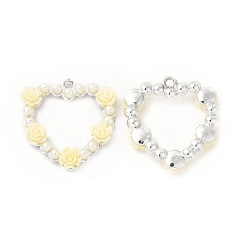 Alloy Pendants, Heart Charms, with ABS Imitation Pearl Beads and Resin, Platinum, Light Goldenrod Yellow, 29x27.5x5mm, Hole: 2.3mm
