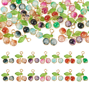 28Pcs 7 Colors Crackle Baking Paint  Glass Pendants, Cherry, Two Tone, with Light Golden Copper Wire & Acrylic, Mixed Color, 15mm, Hole: 2.5mm, 4pcs/style