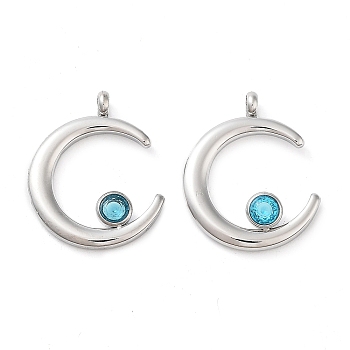 304 Stainless Steel Pendants, with Rhinestone, Stainless Steel Color, Double Horn/Crescent Moon Charm, Indicolite, 18x15x2.5mm, Hole: 1.8mm