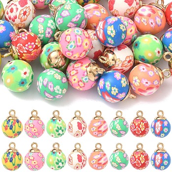 32Pcs 8 Colors Handmade Polymer Clay Pendants, Round with Flower Pattern, with CCB Findings, Mixed Color, 22~23x15~16.5mm, Hole: 2.5mm, 4pcs/color