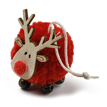 Christmas Themed Plush & Wood Deer Ball Pendant Decoration, Jute Rope Hanging Ornament, FireBrick, 108mm