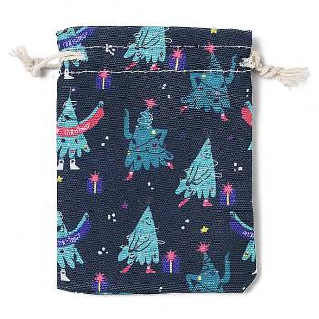 Christmas Theme Cloth Printed Storage Bags, Drawstring Bags, Rectangle, Marine Blue, 14x10x0.4cm