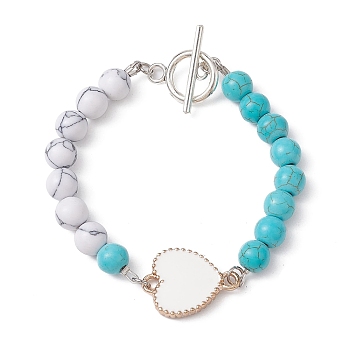 Alloy Enamel Heart Link Bracelet, with Synthetic Turquoise Round Beaded, White, 7-1/2 inch(19.2cm)