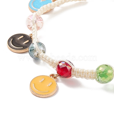 Round Glass Braided Bead Bracelet with Alloy Enamel Smiling Face Charm for Women(BJEW-JB08233-04)-4