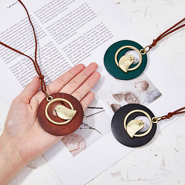 3Pcs 3 Colors Alloy Flat Round with Bird Pendant Necklaces Set with Faux Suede Cords(NJEW-FI0001-30)-3