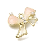 Brass with Misty Rose Enamel Pendants, with Plastic Pearl and Crystal Rhinestone, Bowknot Charms, Light Gold, 15x17x4mm, Hole: 1.3mm(RE-CBAE379-20LG)