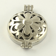 Rack Plating Brass Diffuser Locket Pendants, Flat Round with Hollow Flower, Platinum, 44x33x12mm, Hole: 3.5~4mm, inner measure: 30mm(KK-S656-P)