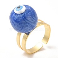 Enamel Round with Evil Eye Beaded Open Cuff Ring, Real 18K Gold Plated Brass Jewelry for Women, Blue, Inner Diameter: 20mm(RJEW-E069-03G-01)