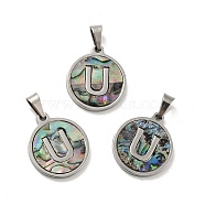 304 Stainless Steel with Paua Shell Pendants, Stainless Steel Color, Flat Round with Letter Charm, Letter.U, 18x16x1.5mm, Hole: 3x6mm(STAS-G268-02U-P)