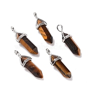 Natural Tiger Eye Pendants, Faceted, with Platinum Tone Brass Findings, Lead free & Cadmium Free, Bullet, 27~30x9~10x7~8mm, Hole: 4x3mm(G-K329-43P)