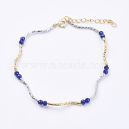 Natural Lapis Lazuli Beaded Bracelets, with Brass Findings and Spring Ring Clasps, Real 14K Gold Plated, 7-1/2 inch(190mm)(BJEW-I247-07-A)