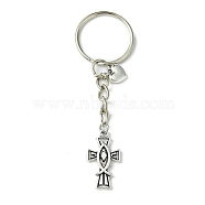 Alloy Cross with Jesus Fish & Heart Pendant Keychain, with Iron Split Key Rings, Antique Silver, 7.9cm(KEYC-JKC00638)