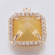 Brass Glass Pendants, with Cubic Zirconia, Faceted, Square, Light Gold, Yellow, 16x13.5x5mm, Hole: 1.2mm(KK-O105-05KCG-F)