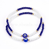 Faceted Glass Beaded Stretch Bracelets, with Evil Eye Lampwork Beads and 304 Stainless Steel Beads, Golden, Mixed Color, Inner Diameter: 2-1/8 inch(5.5cm), 2pcs/set(BJEW-JB05984)