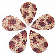 PU Leather Big Pendants, teardrop, with Flower Pattern, Goldenrod, 55x35x2mm, Hole: 2mm(X-FIND-T058-B08)