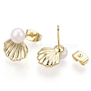 Brass Shell Shape & Natural Pearl Stud Earrings, with 925 Sterling Silver Pins, Real 18K Gold Plated, 13x10.5mm, Pin: 0.8mm(PEAR-N020-05H)
