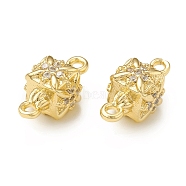 Brass Micro Pave Clear Cubic Zirconia Connector Charms, Square Links with Flower, Real 18K Gold Plated, 14x6.5x6.5mm, Hole: 1.4mm(KK-P228-67G)