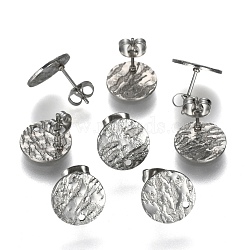 304 Stainless Steel Stud Earring Findings, with Ear Nuts/Earring Backs & Loop, Textured, Flat Round, Stainless Steel Color, 12mm, Hole: 1.4mm, Pin: 0.8mm(STAS-I157-11B-P)