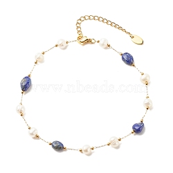 Natural Lapis Lazuli & Pearl Beaded Anklet, Gold Plated Stainless Steel Jewelry for Women, 9.65~9.92 inch(245~252mm)(AJEW-AN00500-05)