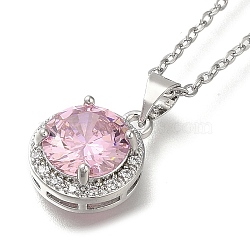 304 Stainless Steel Cable Chain Necklaces, Brass Clear Cubic Zirconia Flat Round Pendant Necklaces, Platinum & Stainless Steel Color, Pink, 17.91 inch(45.5cm)(NJEW-H040-22P-08)