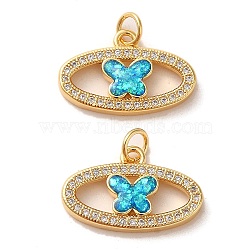 Brass Micro Pave Cubic Zirconia with Synthetic Opal Pendants, with Jump Ring, Oval with Butterfly, Real 18K Gold Plated, 13x20x3mm(KK-D096-11G)