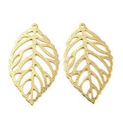 Eco-friendly Brass Pendants, Cadmium Free & Lead Free, Hollow, Leaf Charm, Real 24K Gold Plated, 27x16x0.5mm, Hole: 1mm(KK-M257-12G)