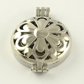 Rack Plating Brass Diffuser Locket Pendants, Flat Round with Hollow Flower, Platinum, 44x33x12mm, Hole: 3.5~4mm, inner measure: 30mm