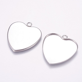 304 Stainless Steel Pendant Cabochon Settings, Plain Edge Bezel Cups, Heart, Stainless Steel Color, Tray: 28x29mm, 34x31x1mm, Hole: 3mm