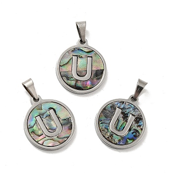 304 Stainless Steel with Paua Shell Pendants, Stainless Steel Color, Flat Round with Letter Charm, Letter.U, 18x16x1.5mm, Hole: 3x6mm