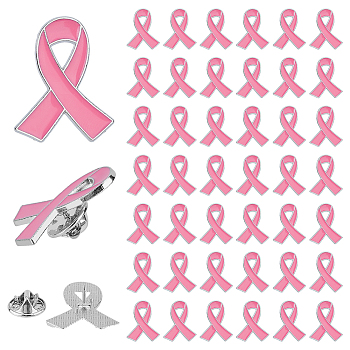 60Pcs Breast Cancer Awareness Ribbon Enamel Pins, Platinum Tone Alloy Brooches for Backpack Clothes, Hot Pink, 26x21x1.5mm