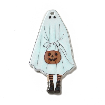 Halloween Printed Acrylic Pendants, Ghost Pattern, 45x24.5x2.5mm, Hole: 2mm