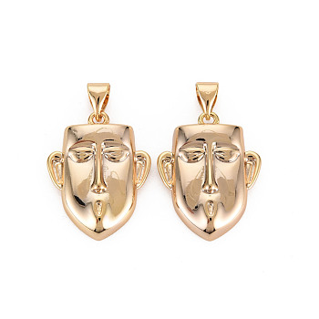 Brass Pendants, with Snap on Bails, Nickel Free, Face, Real 18K Gold Plated, 21x16.5x4.5mm, Hole: 4.5x3mm