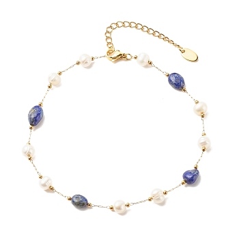Natural Lapis Lazuli & Pearl Beaded Anklet, Gold Plated Stainless Steel Jewelry for Women, 9.65~9.92 inch(245~252mm)
