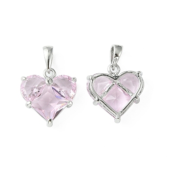 Brass Micro Pave Cubic Zirconia Charms, Heart Charm, Real Platinum Plated, Pearl Pink, 14.5x13.5x5mm, Hole: 3x2.5mm