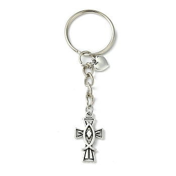 Alloy Cross with Jesus Fish & Heart Pendant Keychain, with Iron Split Key Rings, Antique Silver, 7.9cm
