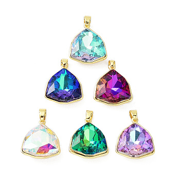 Real 18K Gold Plated Rack Plating Brass Micro Pave Cubic Zirconia Pendants, with Glass, Long-Lasting Plated, Cadmium Free & Lead Free, Triangle, Mixed Color, 22x19x8.5~9mm, Hole: 3.5x5mm