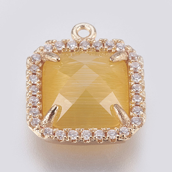 Brass Glass Pendants, with Cubic Zirconia, Faceted, Square, Light Gold, Yellow, 16x13.5x5mm, Hole: 1.2mm
