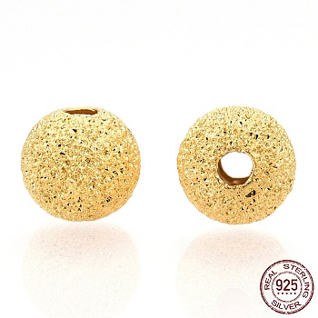 925 Sterling Silver Beads, Textured Round, Nickel Free, Real 18K Gold Plated, 6.5mm, Hole: 1.6mm